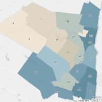 <p>The Ulster County COVID-19 map on Monday, April 27, 2020 (the darker regions represent more cases).</p>