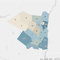 <p>The Ulster County COVID-19 map on Monday, May 11 (the darker regions represent more cases).</p>