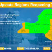 <p>Five of New York&#x27;s 10 regions, (shown in orange), including the Hudson Valley, will stay on pause at least two more weeks.</p>