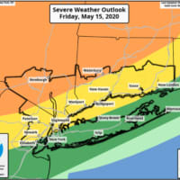 <p>The highest threat for severe storms is areas farther north and inland (shown here in orange).</p>