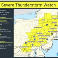 <p>A look at areas (in yellow) where a Severe Thunderstorm Watch is in effect.</p>