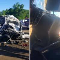 <p>Photos of Monday&#x27;s wreckage from a collision between a state trooper&#x27;s car and dump truck posted on Twitter by the State Troopers Fraternal Association of NJ. The driver’s side of the cruiser was crushed with the seat pressed into the dashboard.</p>