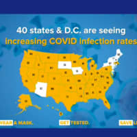 <p>A look at the 40 states, and the District of Columbia, seeing an increase in COVID-19 cases (shown in yellow).</p>