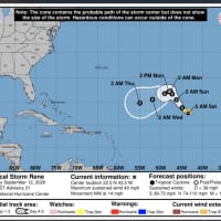 <p>The projected path of Tropical Storm Rene.</p>