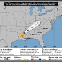 <p>The latest projected track for Tropical Storm Delta, released Saturday morning, Oct. 10.</p>