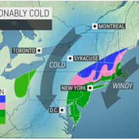 <p>A look at areas expected to see a mix of rain and snow (in pink) and snow (in blue) on Friday morning, Oct. 30.</p>