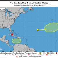<p>A look at Tropical Storm Eta (marked in red) and a low-pressure system has developed in the Atlantic Basin (marked in yellow).</p>