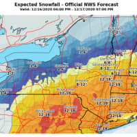 <p>A look at projected snowfall totals released on Wednesday morning, Dec. 16 by the National Weather Service.</p>