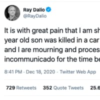 <p>Ray Dalio shared the news of his son&#x27;s death on Twitter late Friday night, Dec. 18.</p>
