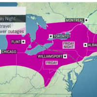 <p>A look at areas expected to see slippery travel, with local power outages possible, later in the day on New Year&#x27;s Day, Friday, Jan. 1.</p>
