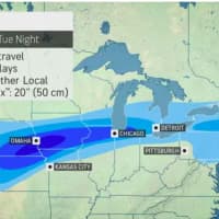<p>A look at projected snowfall totals for the storm that will arrive on Tuesday afternoon, Jan. 26.</p>
