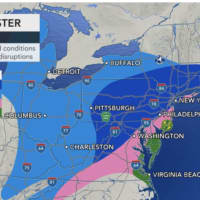 <p>A look at some areas where the will be a mix of rain and snow (in pink) on Monday, Feb. 1.</p>