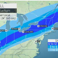<p>A look at projected snowfall amounts from Sunday night, Feb. 14 into Tuesday, Feb. 16.</p>