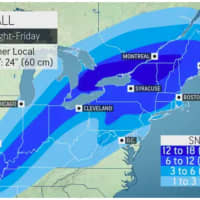 <p>A look at projected snowfall totals on Thursday, Feb. 18.</p>