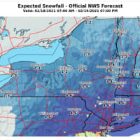 <p>A look at the latest projected snowfall totals released by the National Weather Service on Thursday, Feb. 18.</p>