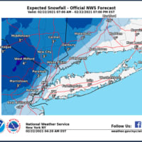 <p>A look at projected snowfall totals in the suburban New York City area.</p>