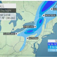 <p>A look at the parts of the Northeast expected to see accumulating snowfall Wednesday, March 31 into Thursday, April 1, with 6 to 12 inches possible in the areas of New York State shown in dark blue.</p>