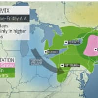 <p>A look at areas where a wintry mix (shown in pink) is expected Thursday night, April 15 into Friday, April 16.</p>