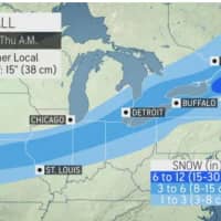 <p>A look at areas expected to see accumulating snowfall, with 6 to 12 inches possible in part of upstate New York (dark blue), with 3 to 6 inches (blue), and 1 to 3 inches (light blue) elsewhere.</p>
