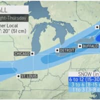 <p>A look at areas expected to see accumulating snowfall, including part of upstate New York (dark blue) where 6 to 12 inches is possible.</p>
