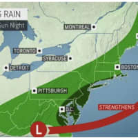 <p>A look at areas that will see the heaviest rain (dark green) from the storm system.</p>