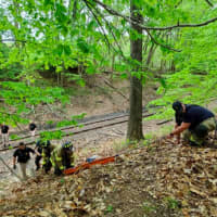 <p>Police and firefighters in Monroe Township lift a woman out of Thompson Park.</p>