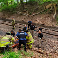 <p>First responders at the rescue scene in Thompson Park.</p>