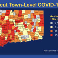<p>Here&#x27;s this week&#x27;s COVID-19 Alert Map for Connecticut. Towns in red are those reporting the highest number of positive cases over the last week.</p>