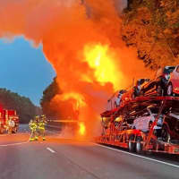 <p>A car-carrying trailer went up in flames on Route 80 westbound Thursday morning, prompting a quick and efficient response from surrounding fire crews.</p>