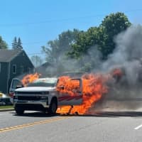 <p>A Chevrolet pickup truck caught fire in Sussex County Wednesday morning and caused a temporarily road closure and delays in the area, authorities said.</p>