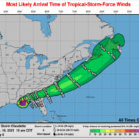 <p>A look at the timing for tropical-force winds from Claudette, which in the Northeast should be mainly off the coast.</p>