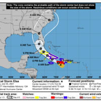 <p>The latest projected track for Tropical Storm Elsa, released Saturday, July 3 by the National Hurricane Center.</p>