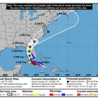 <p>The latest projected track for Tropical Storm Elsa, released Monday, July 5 by the National Hurricane Center.</p>