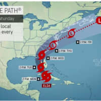 <p>Tropical Storm Elsa&#x27;s path projected through Saturday, July 10.</p>