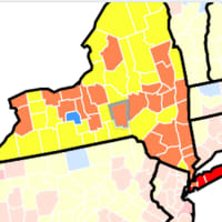 <p>Counties in New York with “high” (dark red) and “substantial” (orange) COVID-19 transmission rates as of Tuesday, Aug. 3.</p>