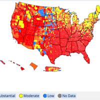 <p>Counties in the United States with “high” (dark red) and “substantial” (orange) COVID-19 transmission rates as of Tuesday, Aug. 3.</p>
