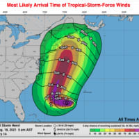 <p>A look at the track and timing of Tropical-Storm-Force winds from Henri.</p>