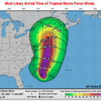 <p>A look at the latest projected track and timing of Tropical-Storm-Force winds from Henri.</p>