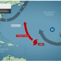<p>Now churning in the Atlantic, Cat 3 Hurricane Larry (red marker) is expected to move toward Bermuda on Thursday, Sept. 9.</p>