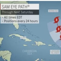 <p>A look at the latest projected path for Hurricane Sam.</p>