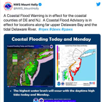 <p>A tidal warning issued by NWS in Mount Holly</p>