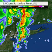 <p>A projected image by the National Weather Service for 3 p.m. Saturday, Nov. 13 showing the line of the severe storm (in yellow and orange).</p>