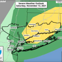 <p>A look at the area (in yellow) with the highest chance of seeing severe weather on Saturday afternoon, Nov. 13.</p>