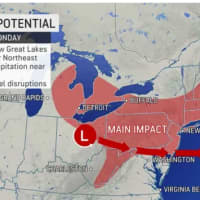<p>A look at areas where there could be accumulating snowfall on Sunday, Nov. 28 into Monday, Nov. 29.</p>