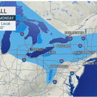 <p>A look at a widespread area where 1 to 3 inches of snowfall accumulation (in light blue) is expected through Monday, Nov. 29, with some pockets of 3 to 6 inches predicted (darker blue).</p>