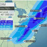 <p>A look at projected snowfall totals, with areas in dark blue expected to see 12 to 18 inches.</p>