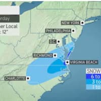 <p>A look at projected snowfall totals for the storm, with some areas expected to see 6 to 12 inches of accumulation (in dark blue).</p>
