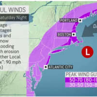 <p>Wind speeds will rang from 30 to 50 mp (light purple) to 50 to 70 mph (dark purple).</p>