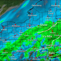 <p>A radar image of the region just before daybreak on Friday, Feb. 4, showing the mix of snow, ice and rain from north to south.</p>