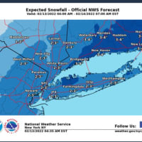 <p>Snowfall projections released on Sunday morning, Feb. 13 by the National Weather Service in New York.</p>